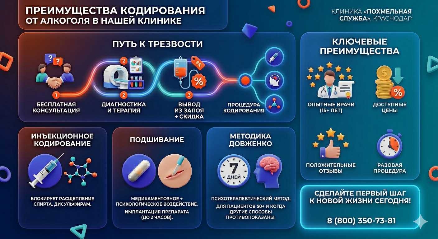 Инфографика о методах кодирования от алкоголя в Данкове: инъекции, подшивание, метод Довженко. Преимущества клиники и этапы лечения.